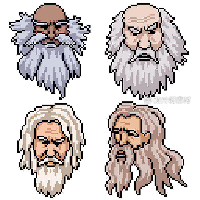set of pixel art isolated old man with beard